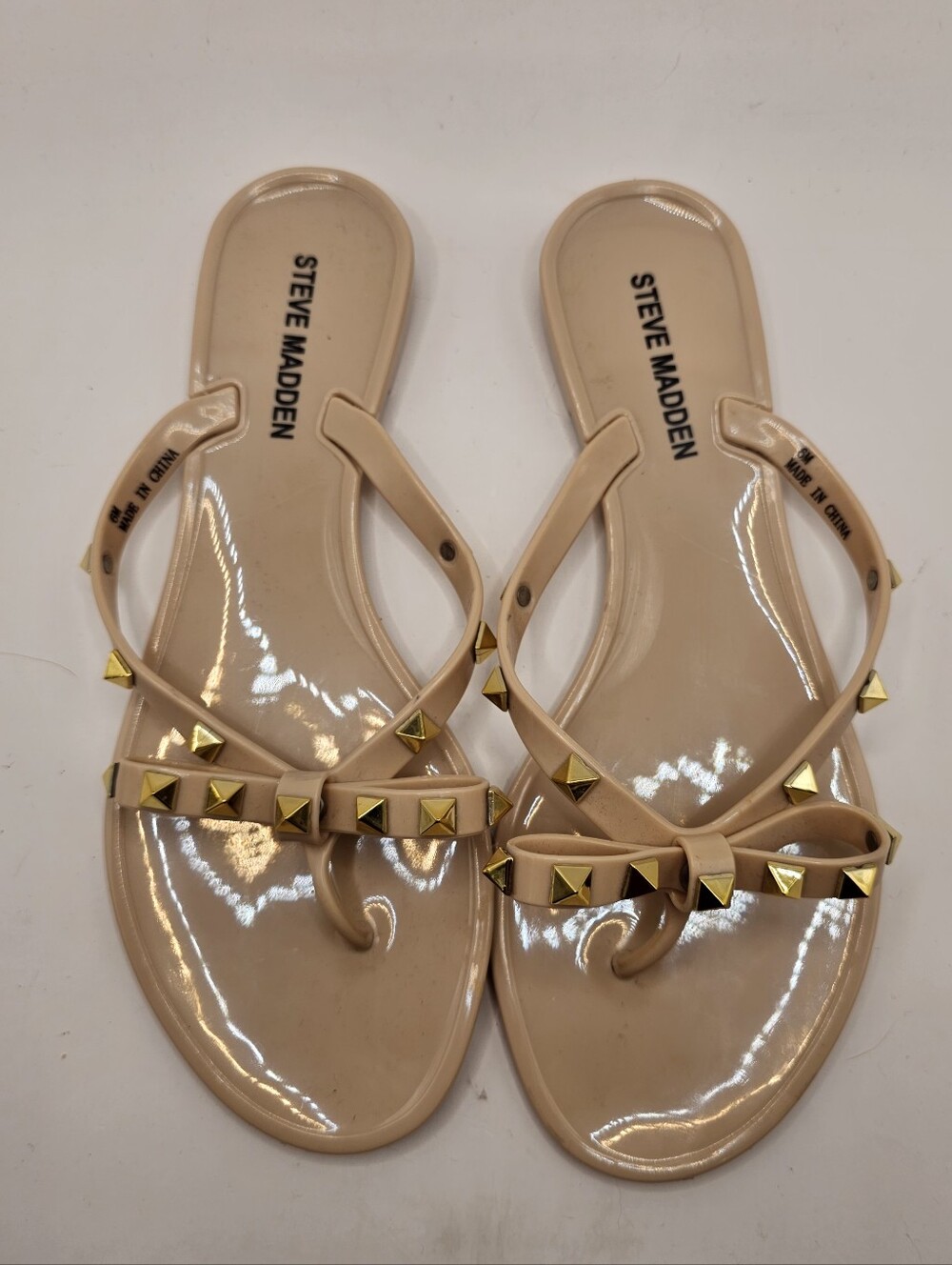 Steve Madden Nude Patent Jelly Sandals with Gold Studs